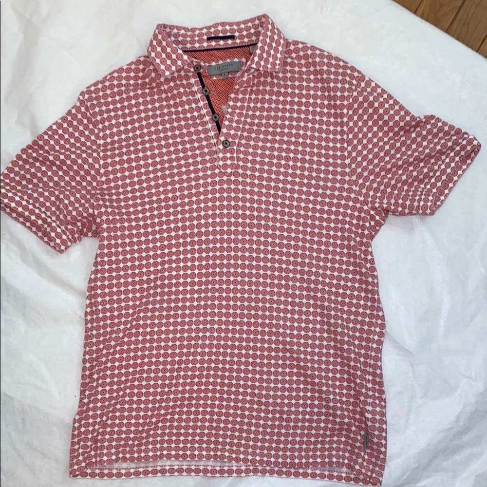 Ted Baker Red and White Patterned Polo EUC Mens Small. Beautiful Detail